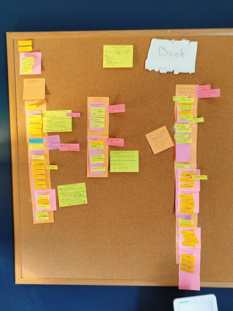 three columns of post-it notes, detailing the outlines of the book