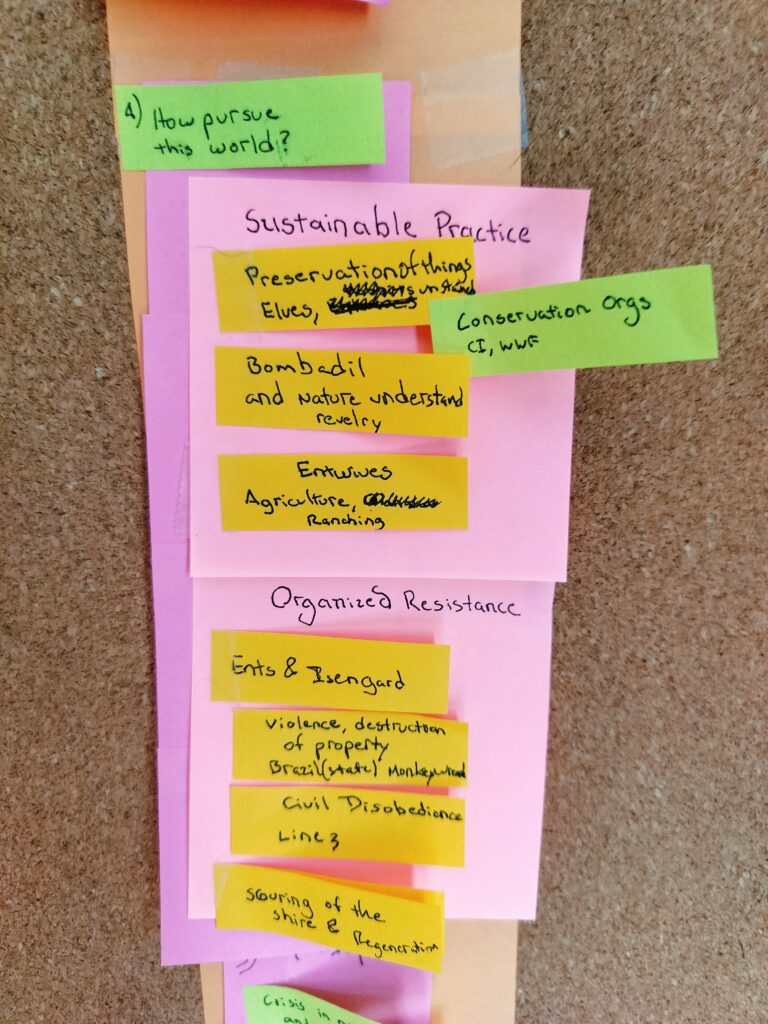 colorful post-it notes discussing ents, bombadil, elves, and the destruction of isengard